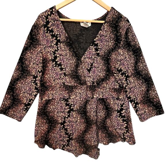 Coldwater Creek Y2K Boho‎ Floral Wrap Surplice V-Neck Stretch Blouse Top Large - Picture 1 of 8